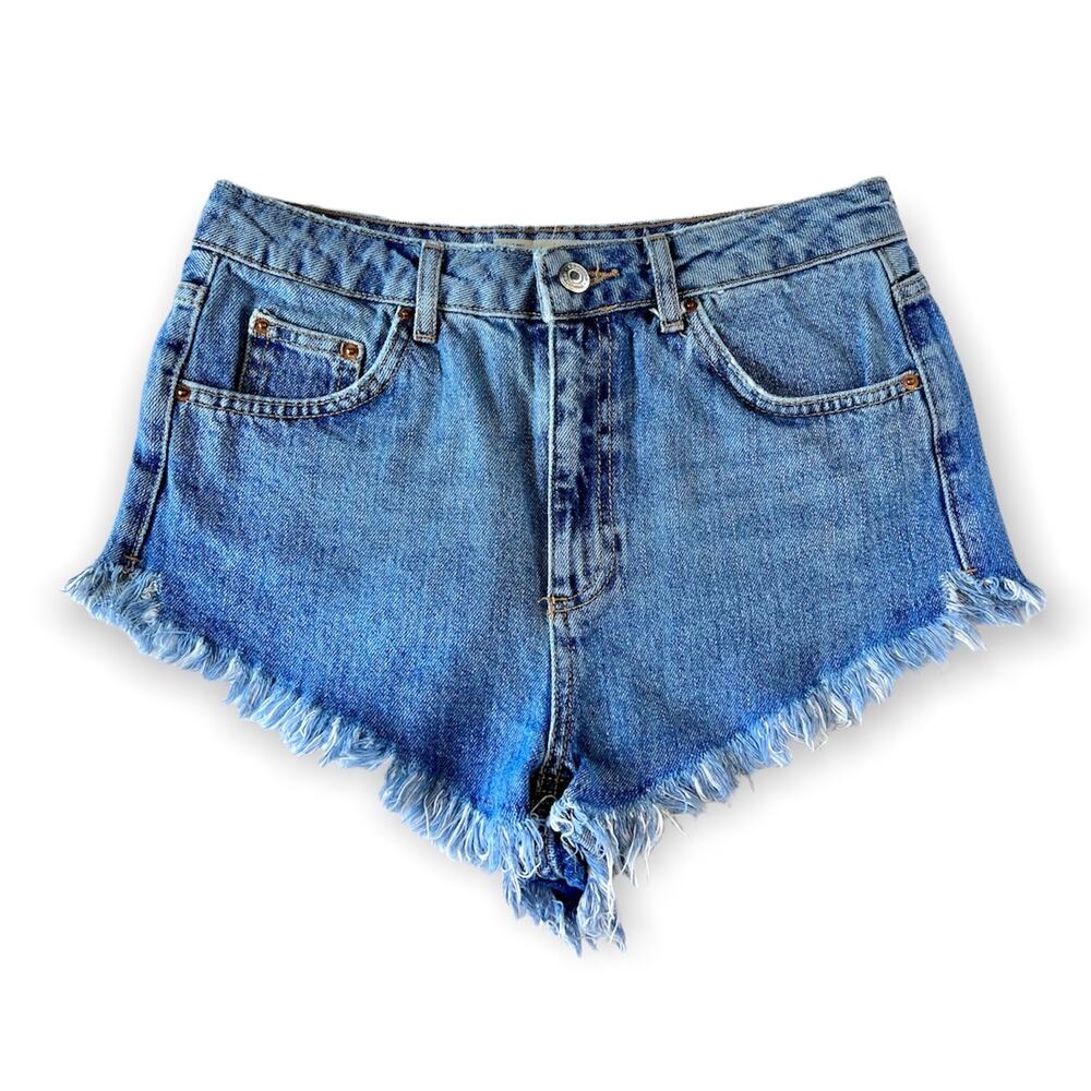 Topshop Kiri Festival Cutoff Shorts size 6 Blue High Rise Distressed